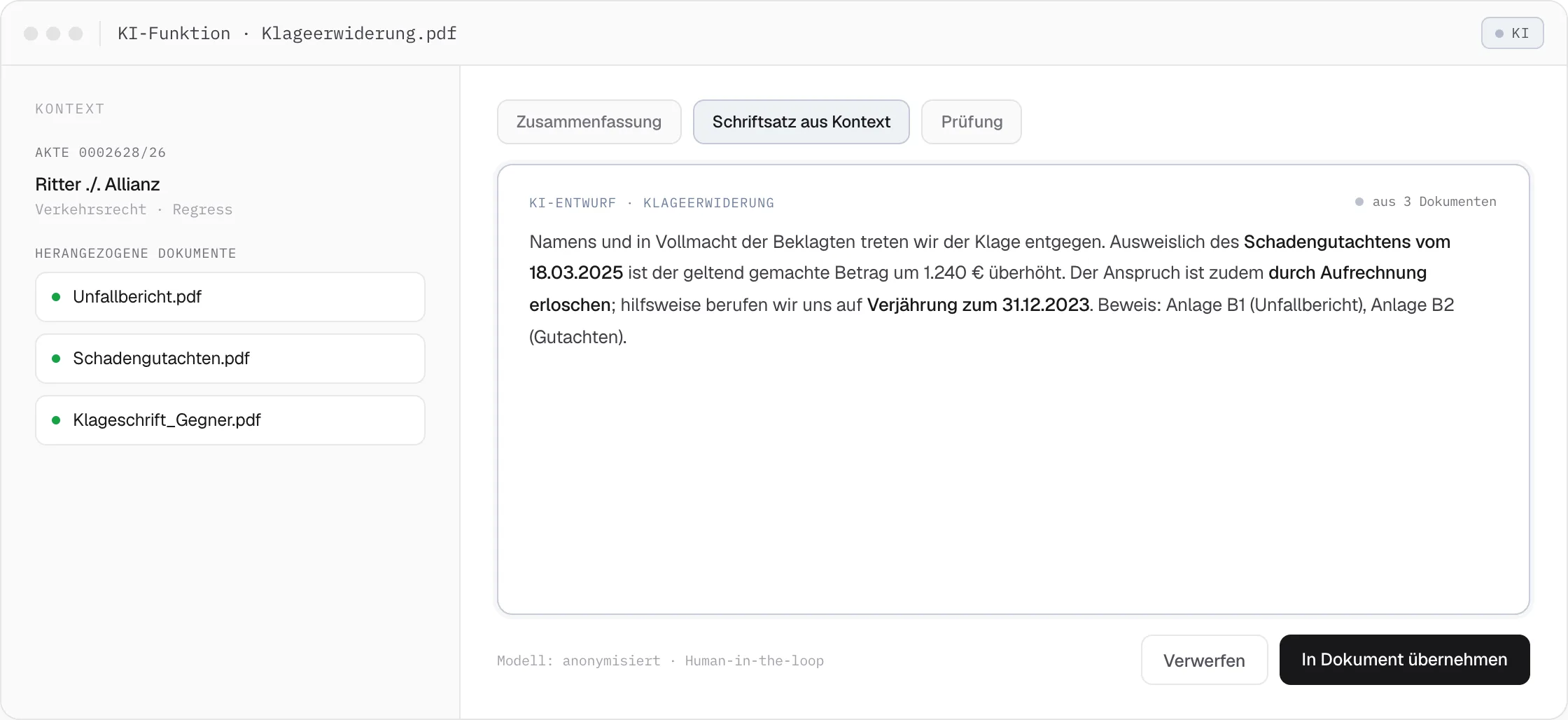 DEPLAW KI-Funktion: automatisch generierter Entwurf einer Klageerwiderung aus Aktendokumenten, mit Human-in-the-Loop-Prüfung